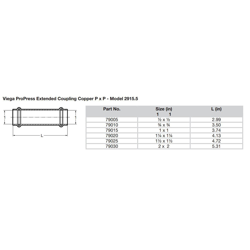 Viega ProPress 112 Extended Coupling wo Stop  Double Press Connection  Smart Connect Technology 79025