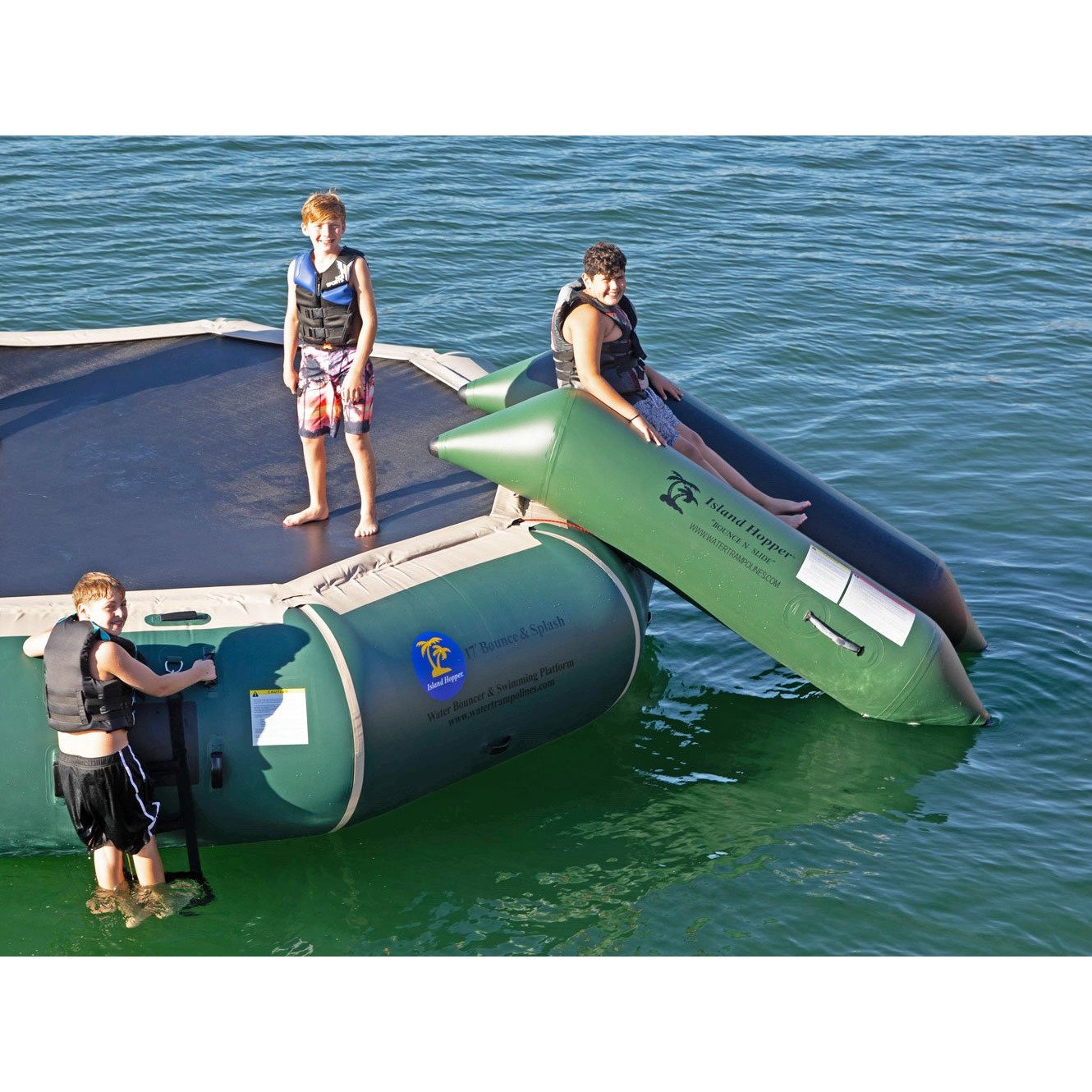 Island Hopper 13′ Bounce-N-Splash Padded Water Bouncer – Natural Green 13BNS-GR